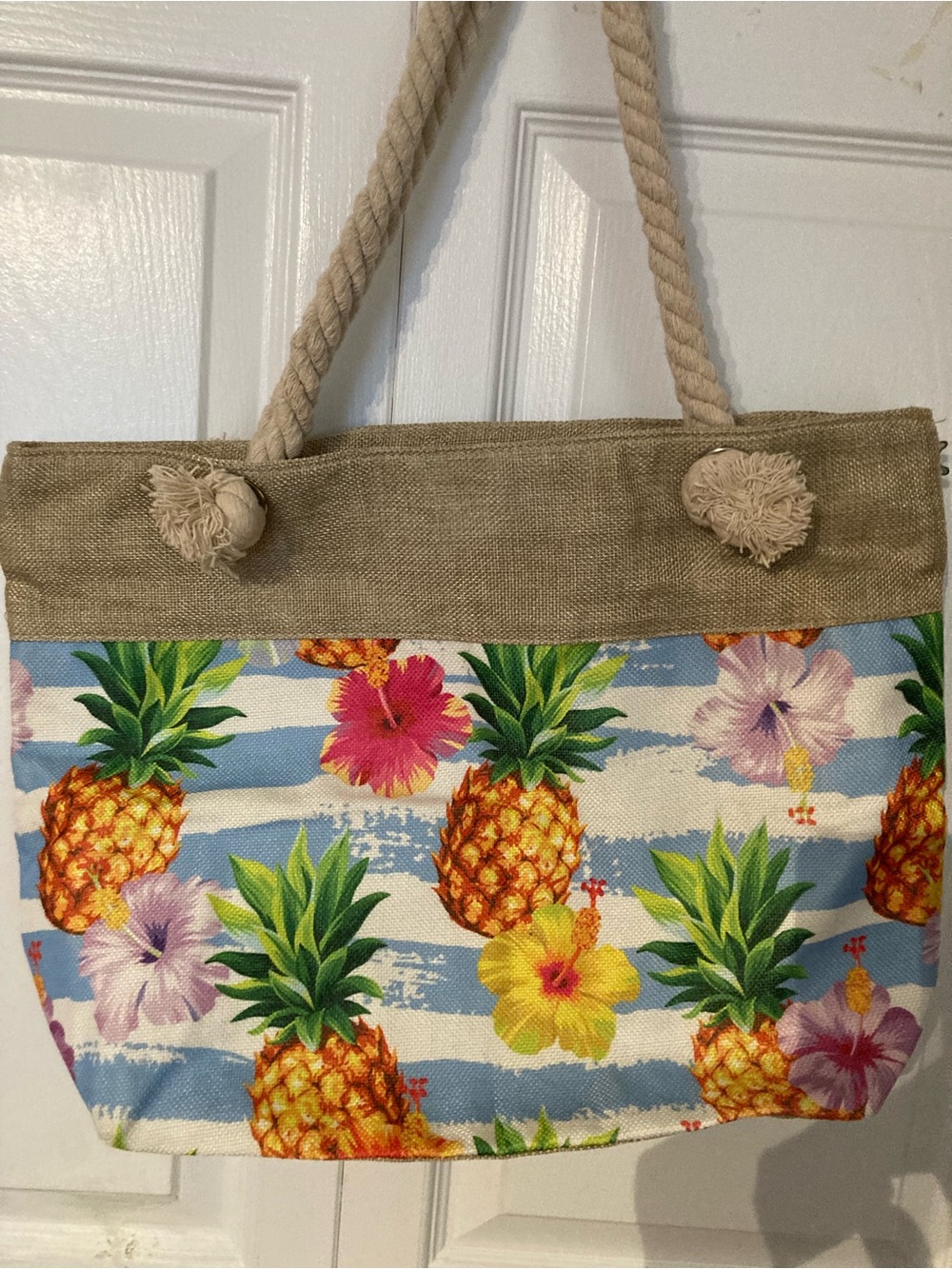 Pineapple Hibiscus Canvas Shoulder Bag in Blue and Beige